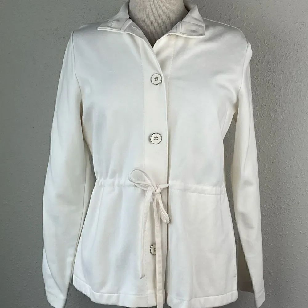 EUC Liz Claiborne Womens Lightweight Cotton White Button Down w/Tie Jacket L